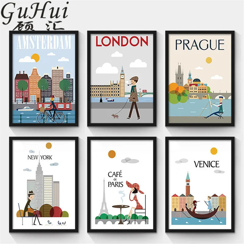 Солнечный Праздник современные европейские города художественные плакаты