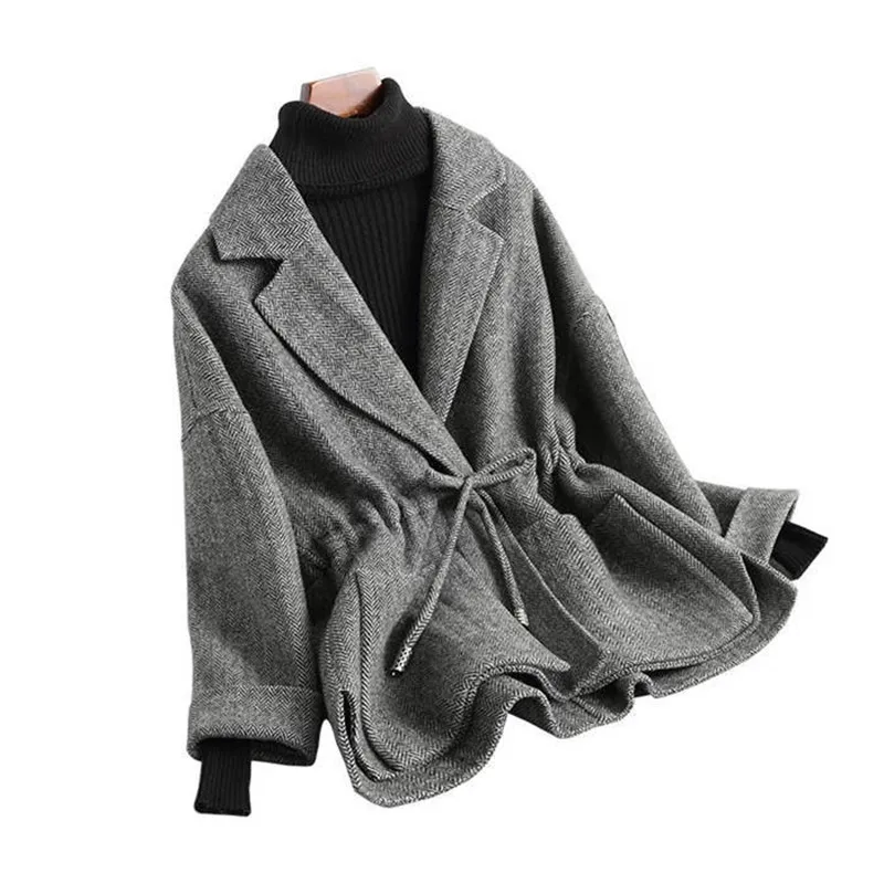 

Woolen Coat Women Autumn Winter Jackets Fashion Wool Blends Jackets Female Belt Slim Short Woolen Coats Outerwear