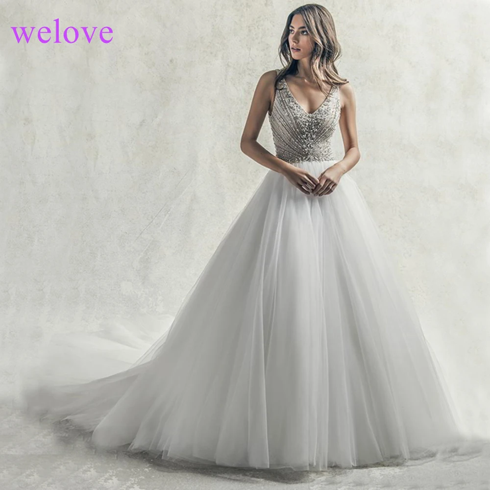 Роскошные хрустальные WeddingV-neck платье A-skirt2019 Newgown свадебное платье с открытой спиной Вечерние платья бисерные кристаллы для свадебного платья