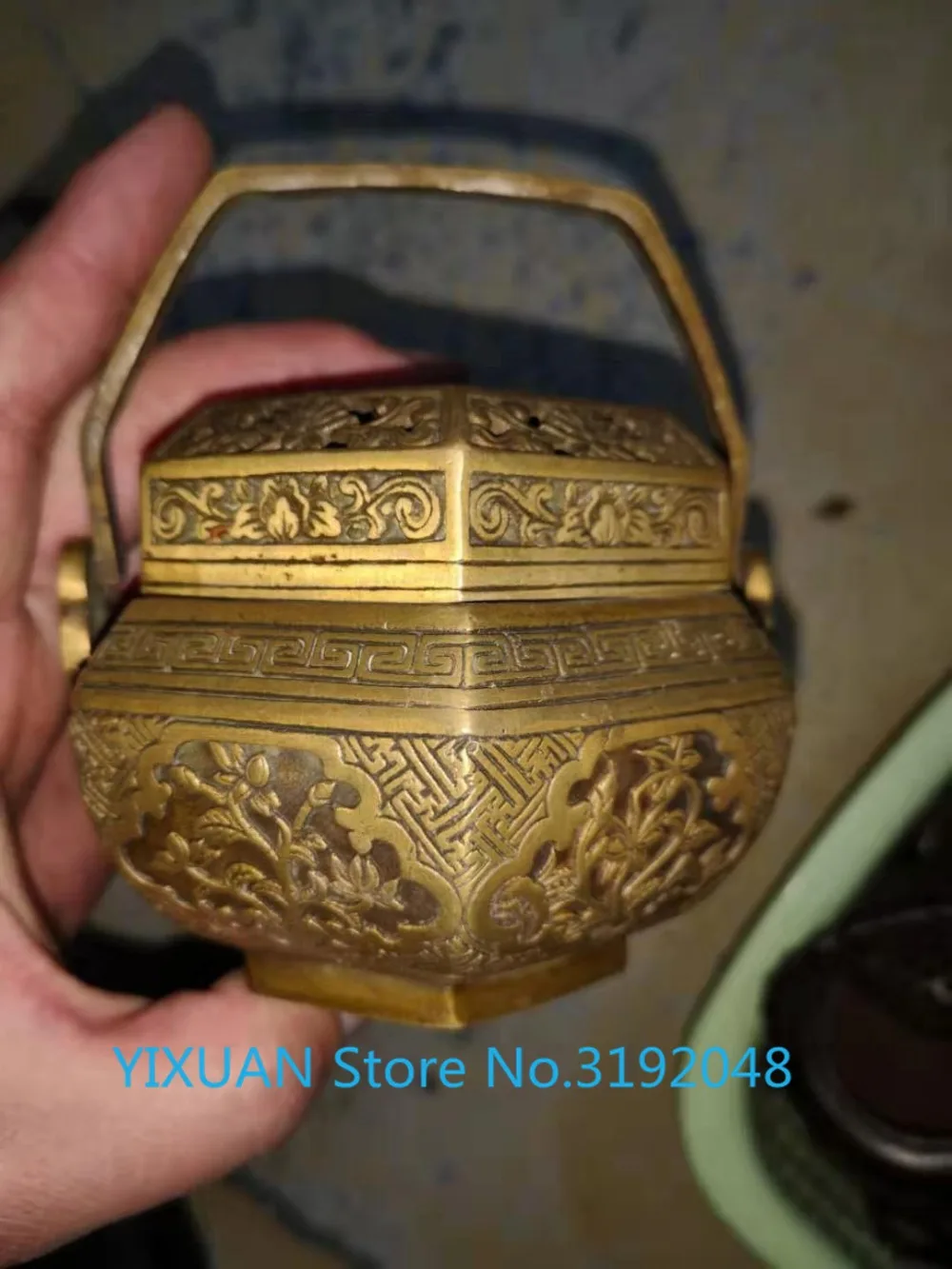 Старинная латунная печь для благовоний Хризантема Shouxi ромбовидный