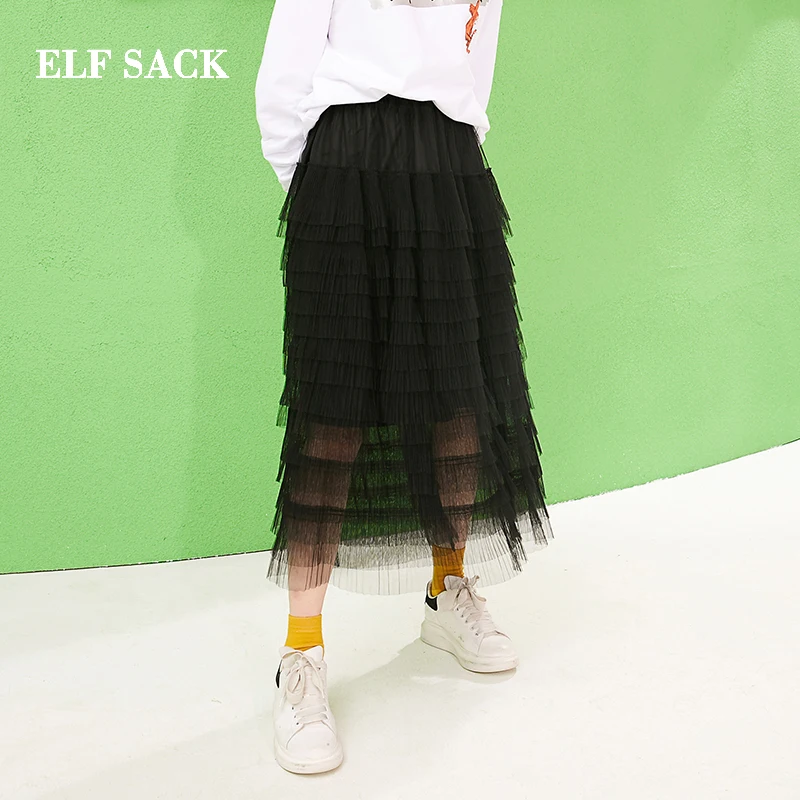 ELFSACK, новинка, однотонная женская юбка, повседневная, трапециевидная, с оборками, женские юбки, стильные, милые, сетчатые, женские юбки, свободная юбка, эластичная резинка на талии
