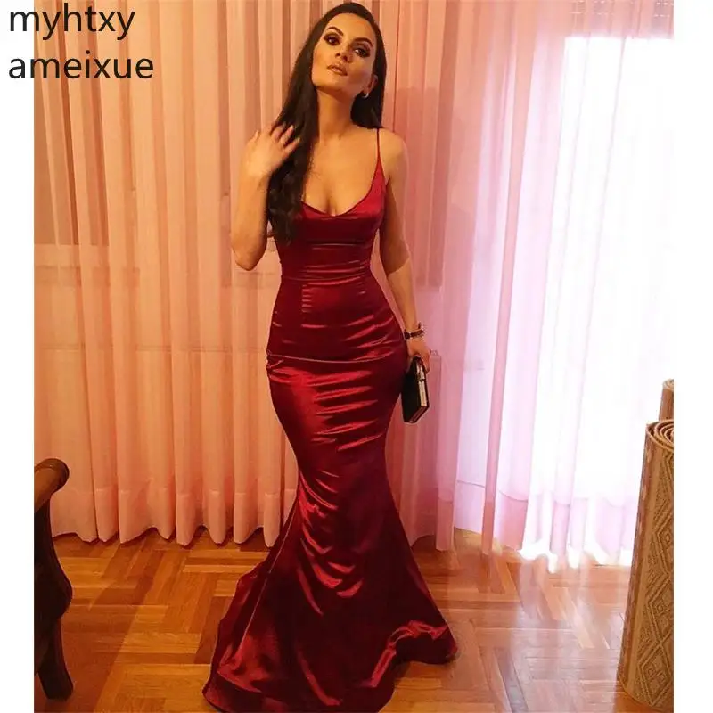 Женское атласное платье-Русалка привлекательное длинное платье на тонких
