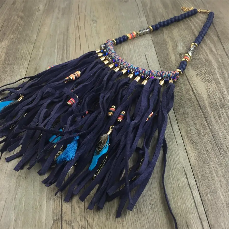 Преувеличенный синий кисточкой ожерелье для женщин длинные кожаные полосы Exo