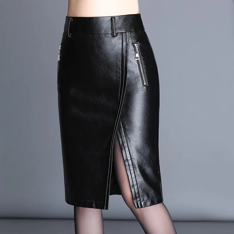 Женские юбки из искусственной кожи зимние Облегающие до колена с разрезом прямые