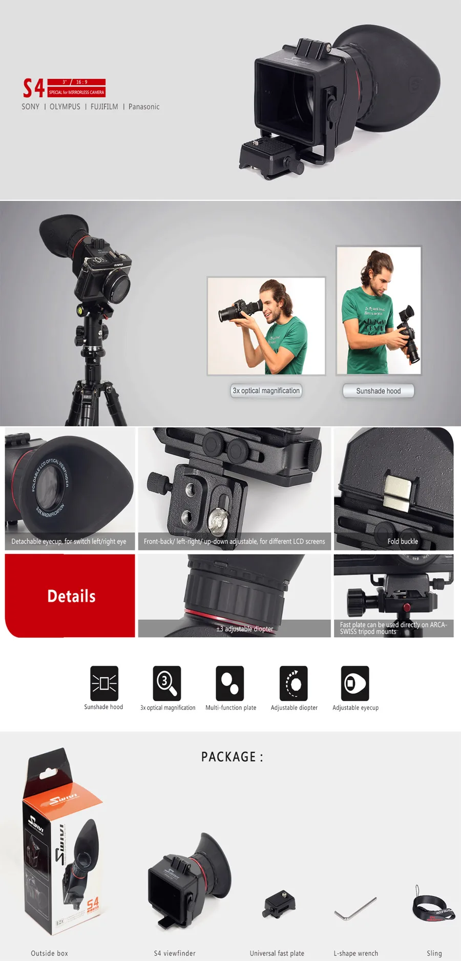 GGS Swivi S4 3,0x3," 16:9 ЖК-дисплей Камера видоискатель для sony a7 a7R a7S NEX-7 NEX-6 NEX-5R NEX-5T A6000 A5000 DSLR видоискатель