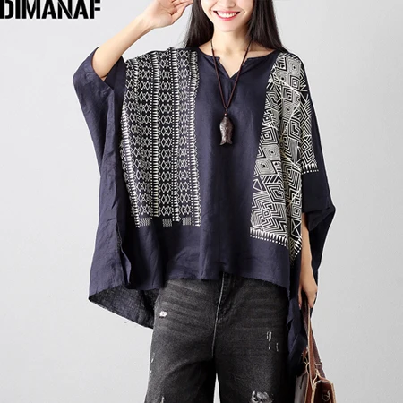 DAN98508CN-blue DIMANAF, женская летняя блузка, рубашки размера плюс, льняная, с принтом, женские свободные топы, Ретро стиль, повседневная, летучая мышь, больше размера d, одежда, 100 кг, подходит - Цвет: DAN98508CN-blue