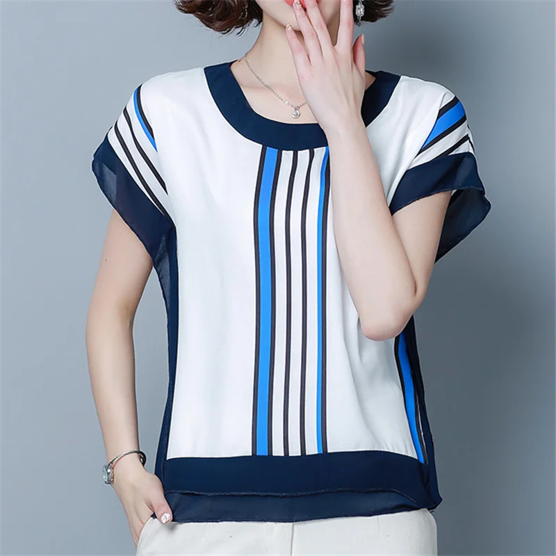 2019 Новая женская летняя футболка Модная хлопковая рубашка в полоску офисная с