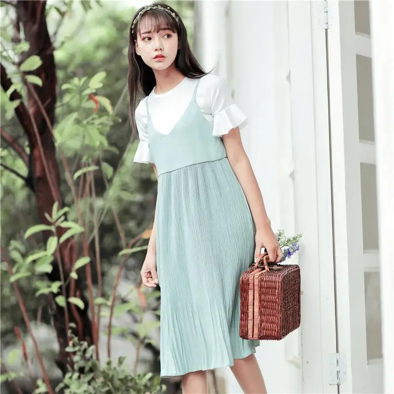 Лето 2017 г. корейский Для женщин шифон плиссированные платья Повседневные