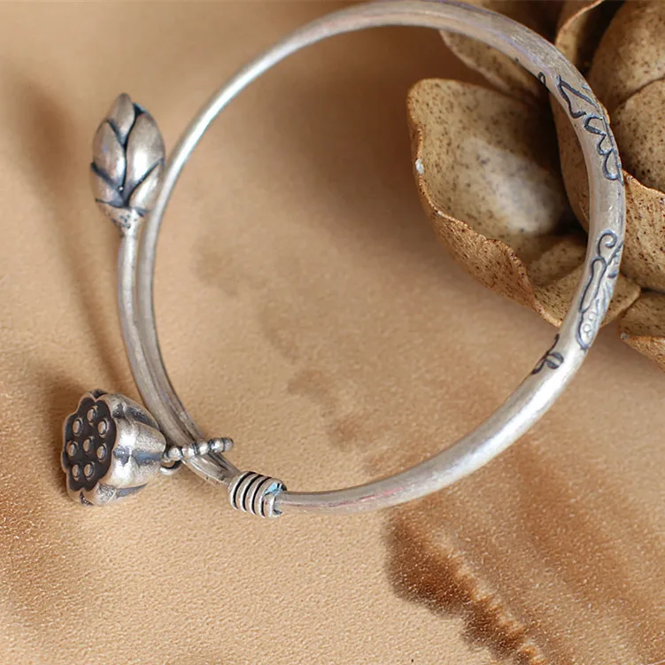 

Limited Edition Pure Silver Exquisite Lady Lotus lucky Bracelet Fine Jewelry S990 Silver Chinses Style Buddhist Lotus Chian