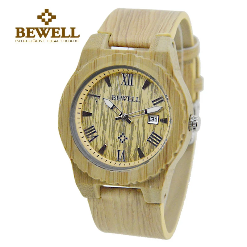 BEWELL мужские часы ремешок из натуральной кожи Натуральный Бамбуковый корпус с
