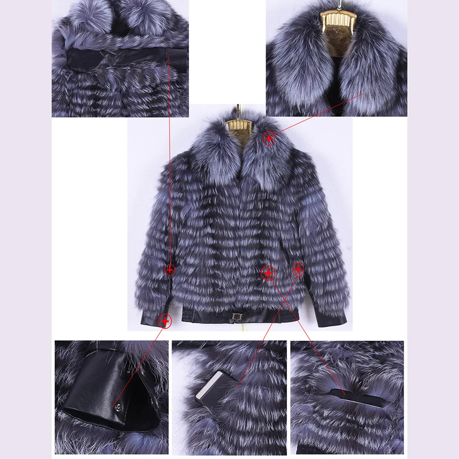Woman's Real Natural Silver Fox Fur Jacket In Winter Casual Long Sleeved Silver Fox Hair Collar Routine Jacket  Fashion Clothes