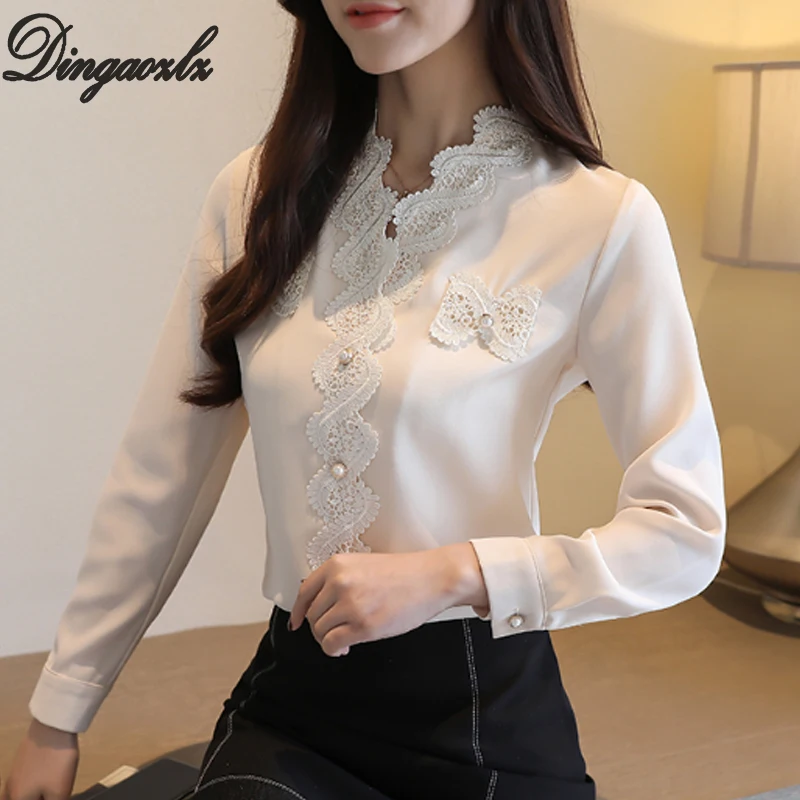 Dingaozlz blusas femininas elegante Женская белая блузка модная шифоновая рубашка с длинным рукавом Повседневные кружевные топы офисные женские рубашки - Цвет: Beige