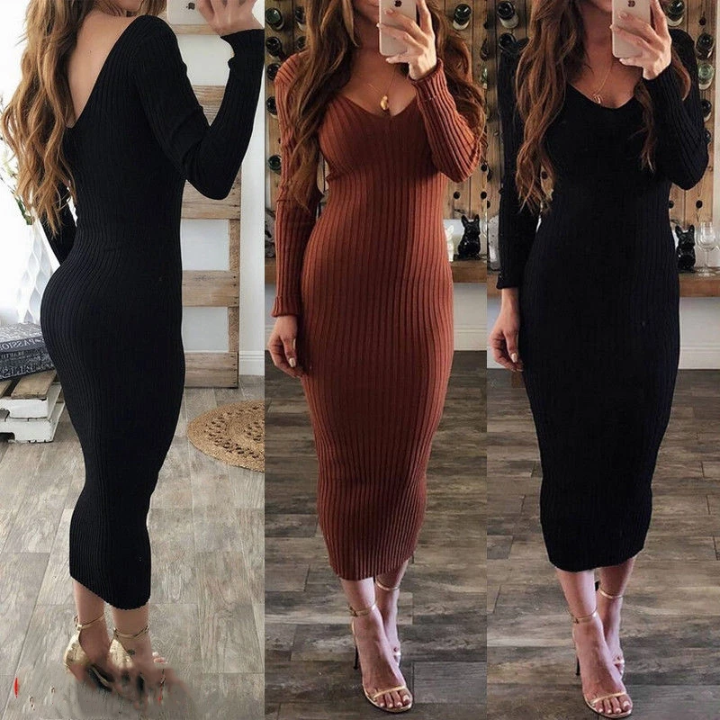 Женское трикотажное платье средней длины с v образным вырезом и длинным рукавом