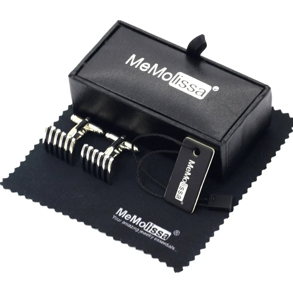 Витрина запонки винтажные Квадратные серебряные с черной эмалью Полосатые