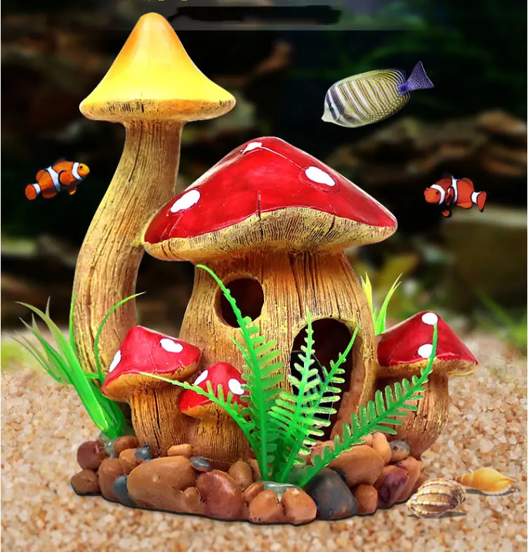 Simulation Mushroom House Cobblestone Fish Tank Decoration Accessories With Caves Can Be Hidden DIY Resin Aquarium Background | Дом и сад