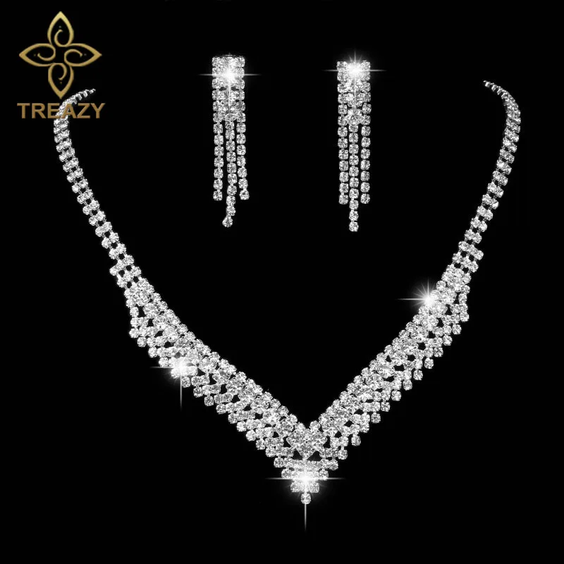 Комплект из колье и серёг серебристого цвета с кристаллами|bridal wedding jewelry|bride