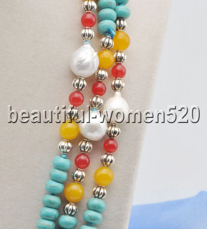 

Z8515 Rondelle Blue stone White Edison Pearl Necklace 64inch