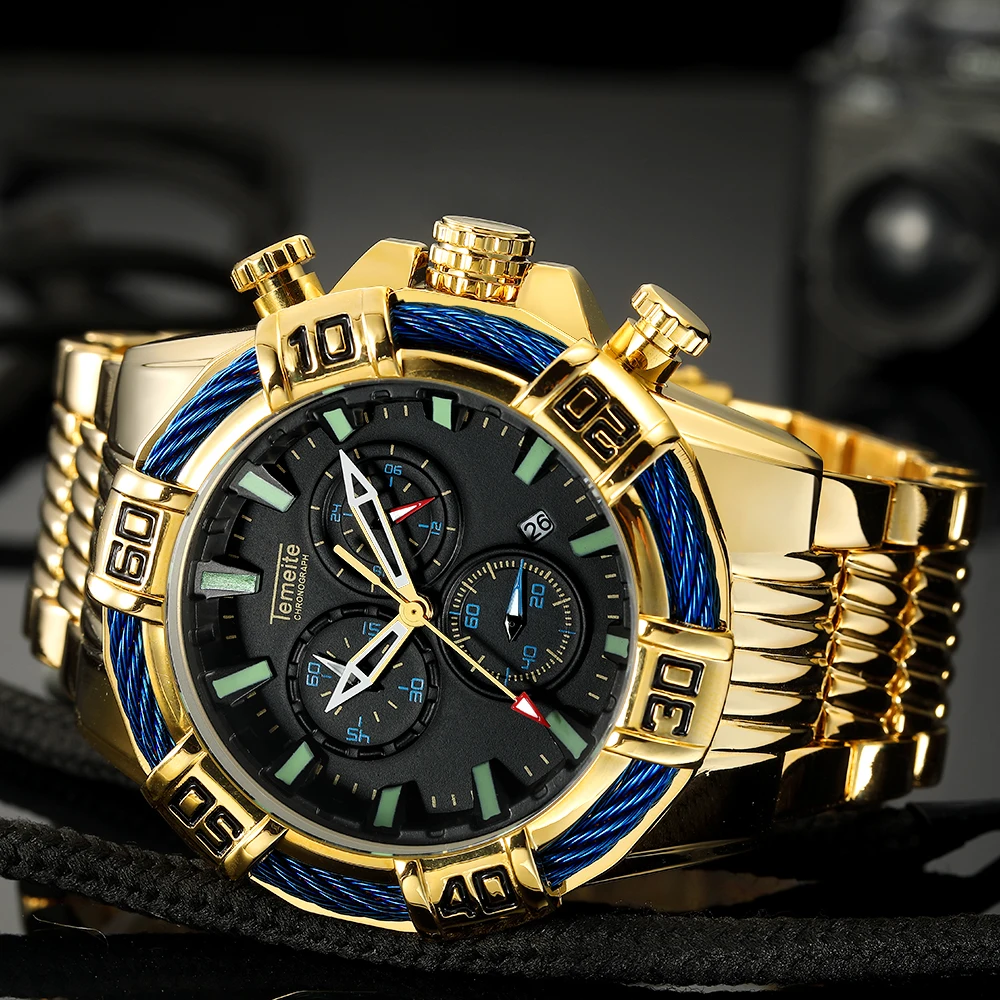 Temeite большой циферблат кварцевые наручные часы золотые синие мужские лучший