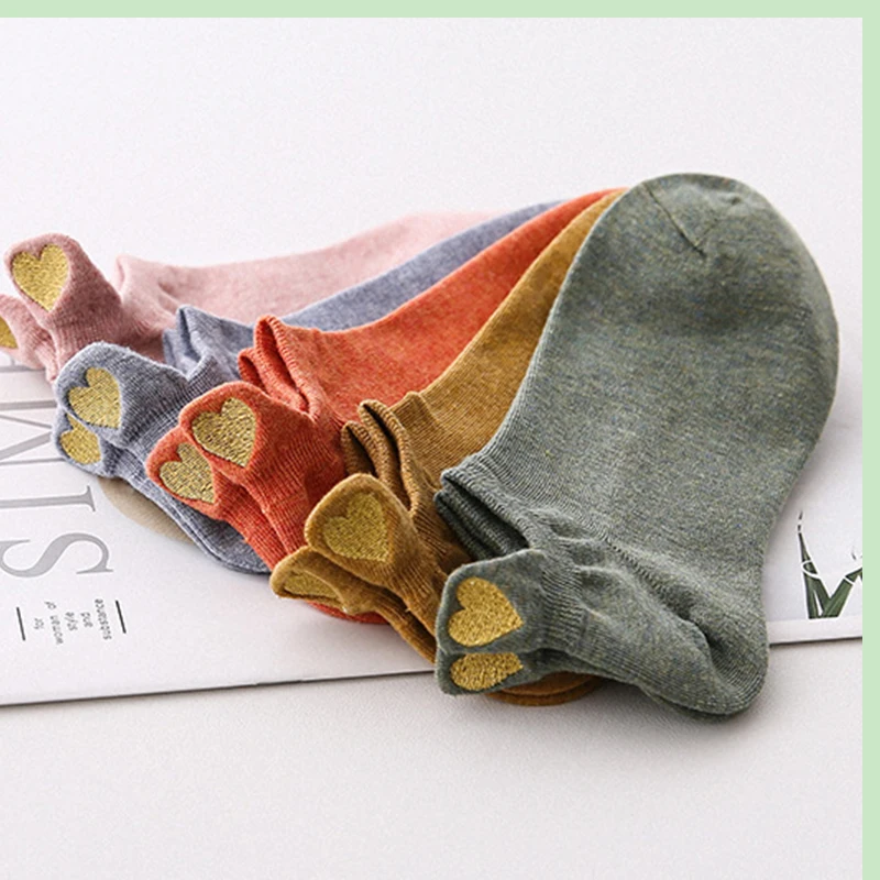 Fashion Summer Women Short Socks Solid Back Heel Love Embroidery Cotton Slipper Cute College Style Low For G | Женская одежда