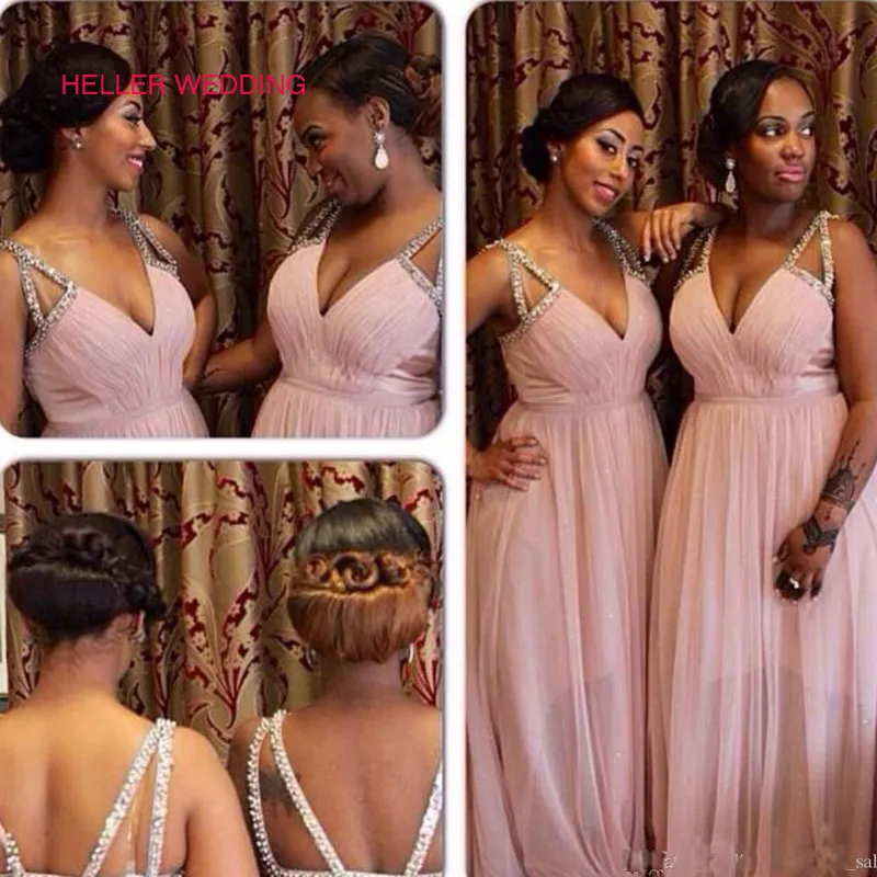 Шифоновые длинные платья подружек невесты для свадьбы на тонких бретельках