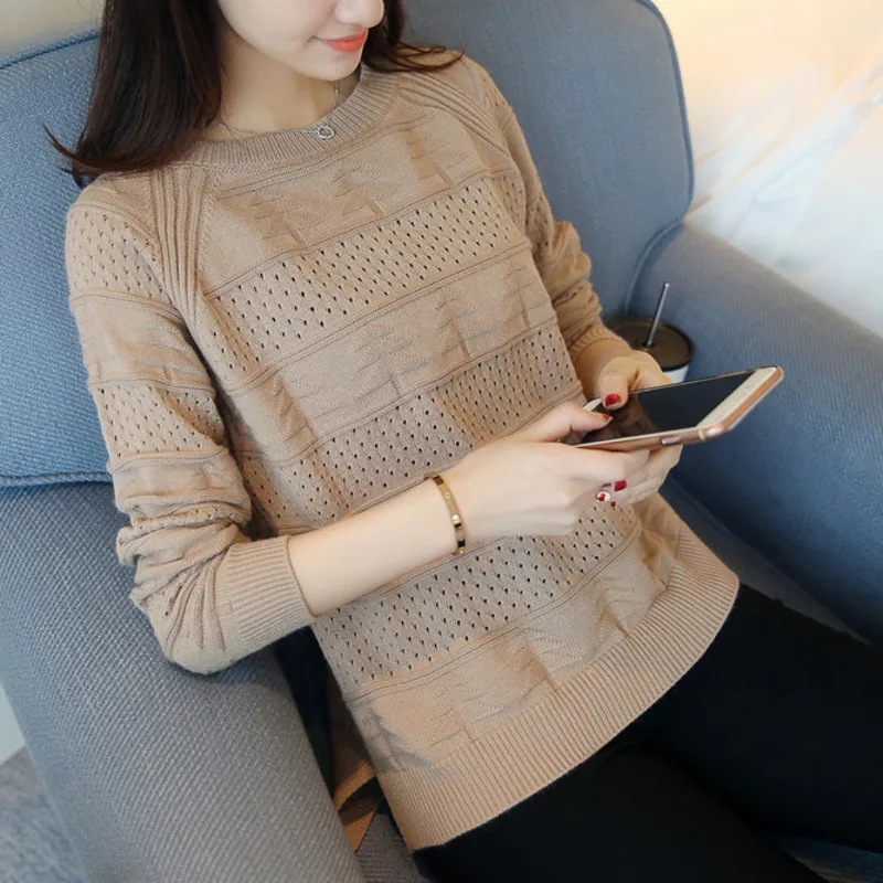 2019 Spring Autumn Korean Style New Women Clothing Loose Slim Solid Color Sweate Long Sleeve Hollowed Out Knitted Sweater QH436 | Женская