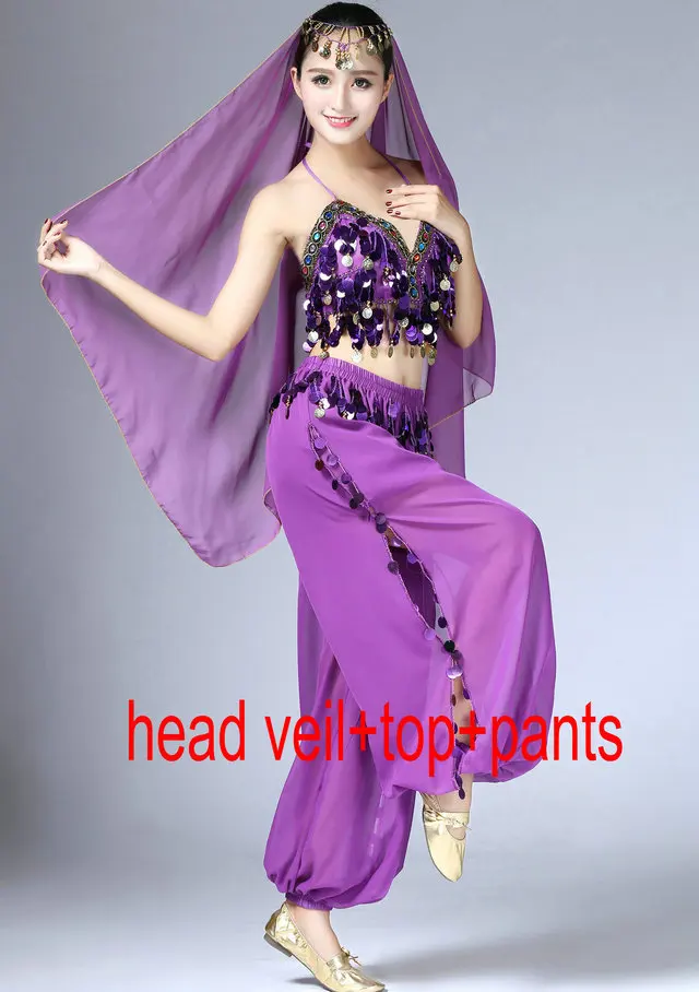 Veil Top Pants Костюм для танца живота с блестками для девочек топ бюстгальтер на бретельках с завязкой вуаль Женская Клубная одежда костюм комплект фестиваль Болливуд Восточный танец наряд - Цвет: Veil Top Pants