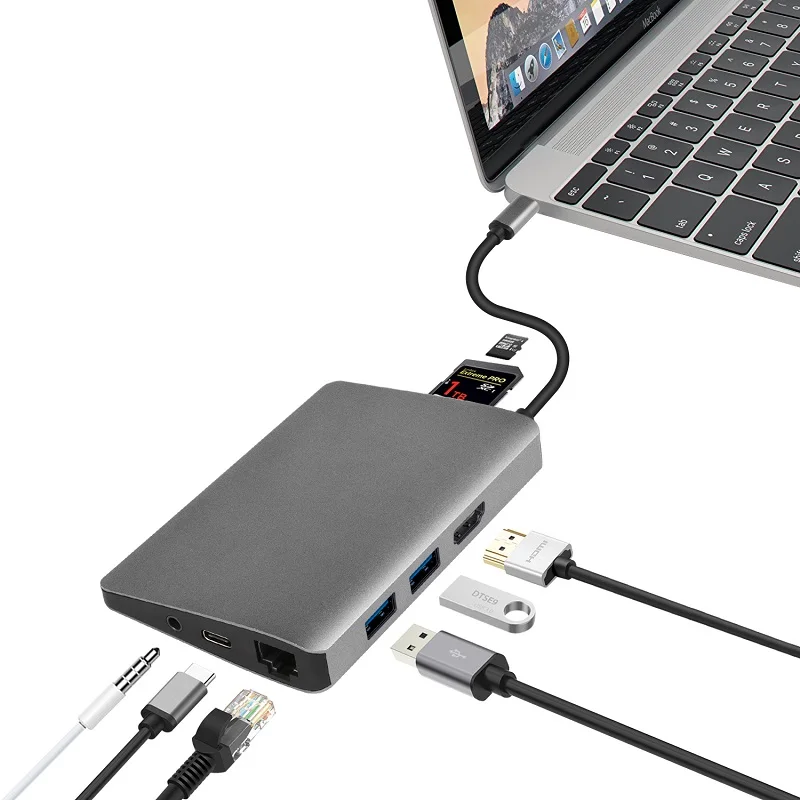 DZLST USB C концентратор с RJ45Ethernet HDMI Тип PD 3 0 кардридер аудио 5 мм адаптер док станции