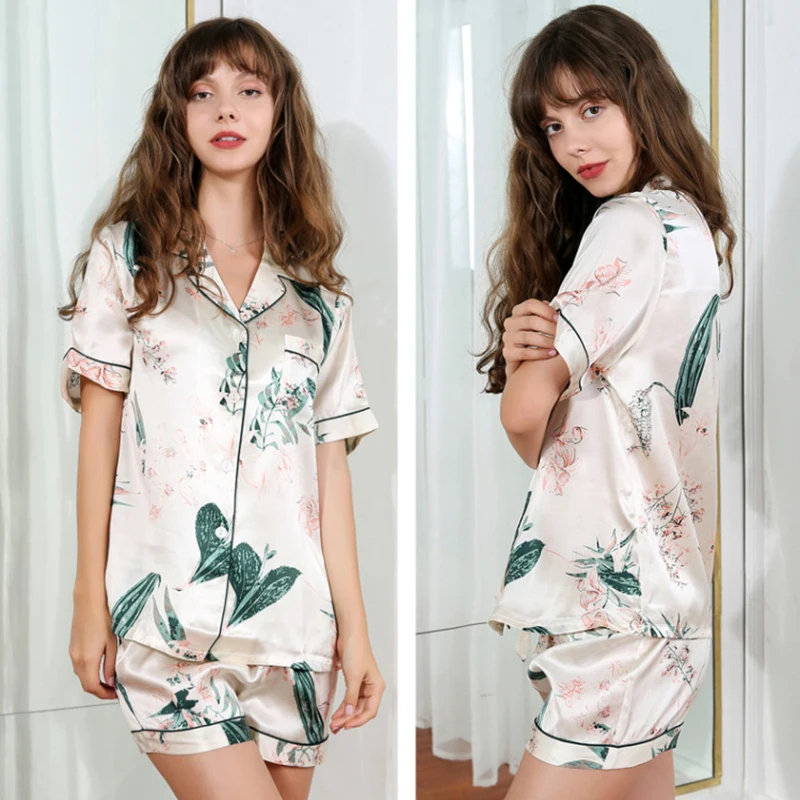 Latest Real Silk Pajama Female 100% Silkworm Silk Sleepwear Summer Short Sleeve Woman Nightwear Two-Piece Sets T8167