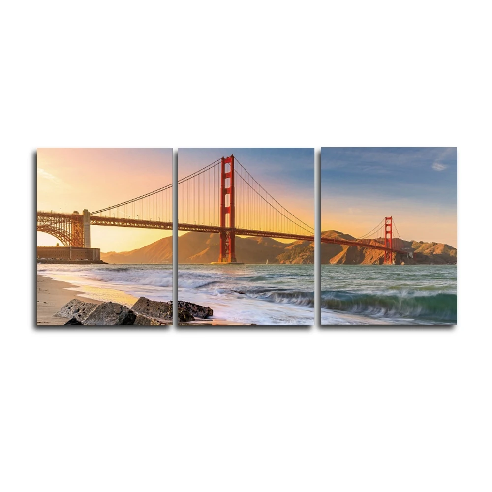 

Laeacco Painting Calligraphy Sunset Beach Golden Gate Bridge Posters and Prints Canvas Wall Art Pictures Living Room Home Decor