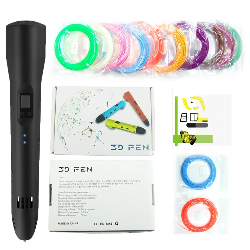 Black 3D Pen QCREATE 3D Ручка низкотемпературная 3D печатная ручка ЖК-экран температура нагрева и скорость регулируемая добавить 50 м PCL Пластиковые Нити - Цвет: Black 3D Pen