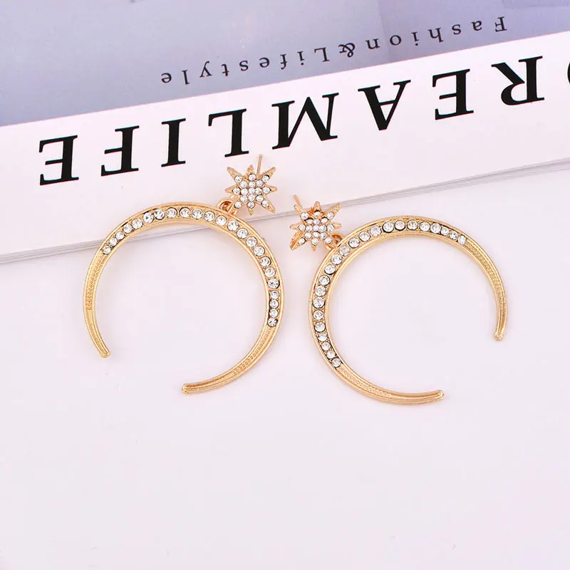 2019 European and American new fashion personality big inlaid with crystal stars moon earrings female models | Украшения и