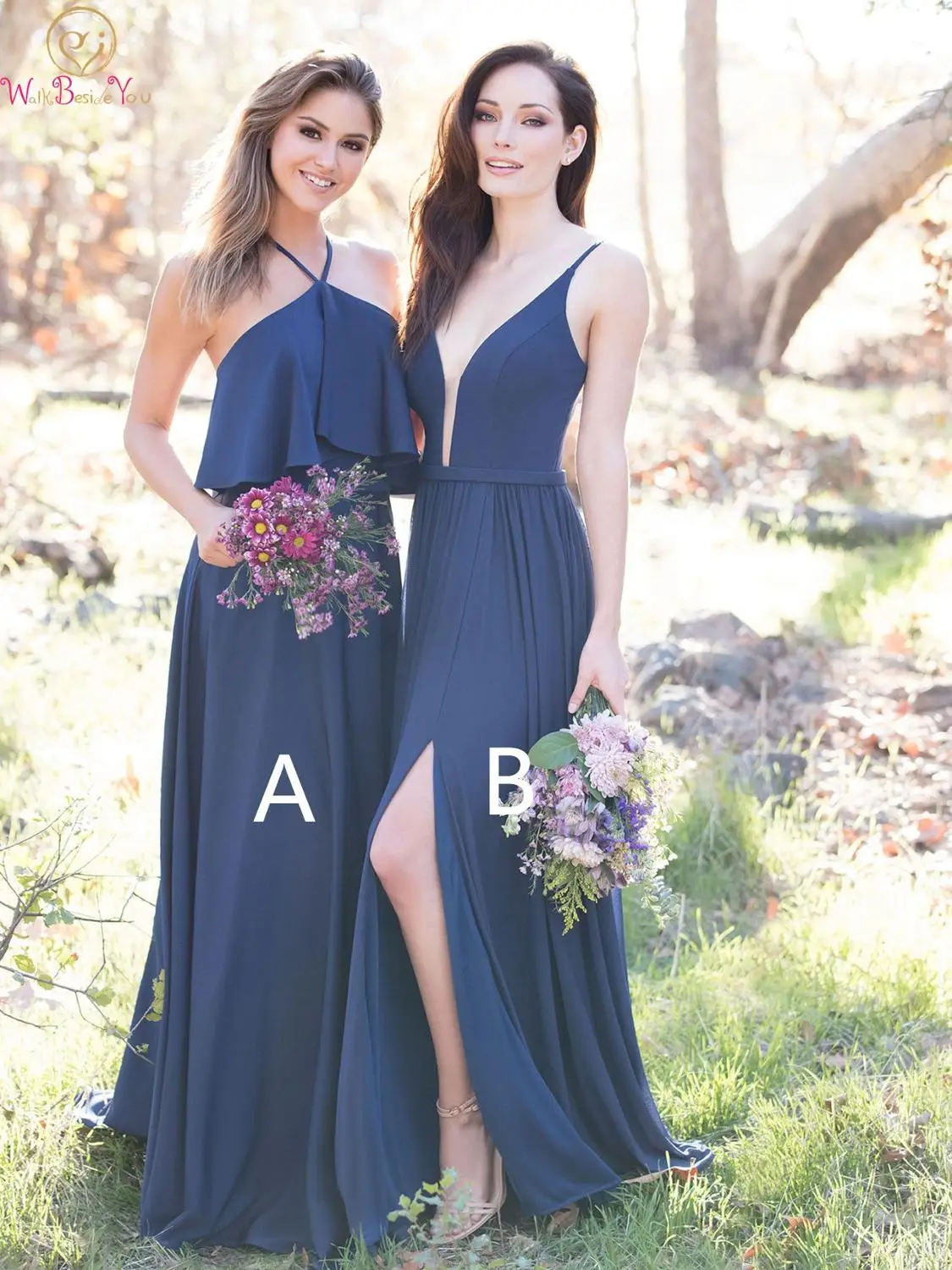 

Elegant Navy Blue Bridesmaid Dresses 2019 Split A Line Sleeveless Floor Length Long Chiffon Wedding Party Bridesmaid Prom Gowns