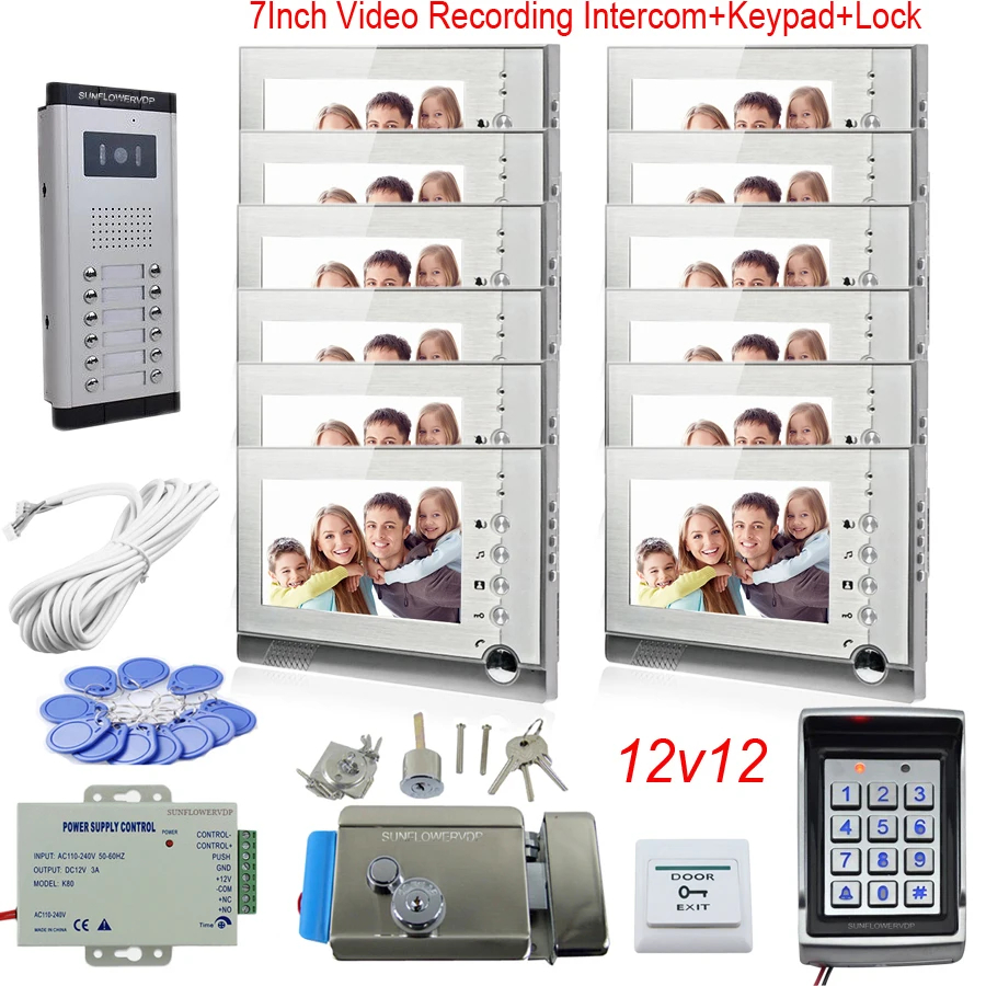 

Video Recording Video Door Phone Access Control Keypad Door Bell For Apartment 12 Units Intercom With Screen Memory Color 7"