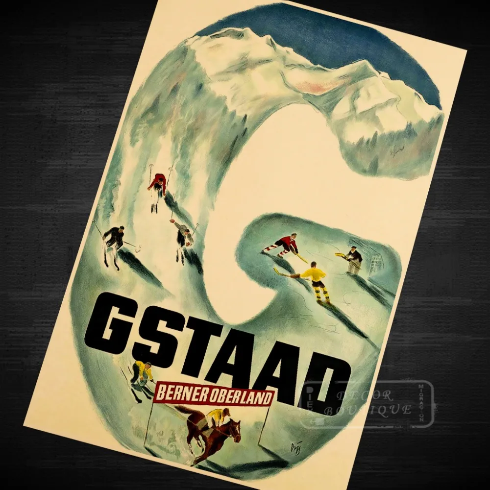 Катание на лыжах в Швейцарии пейзаж Альпы зимняя поездка старинный ретро-постер