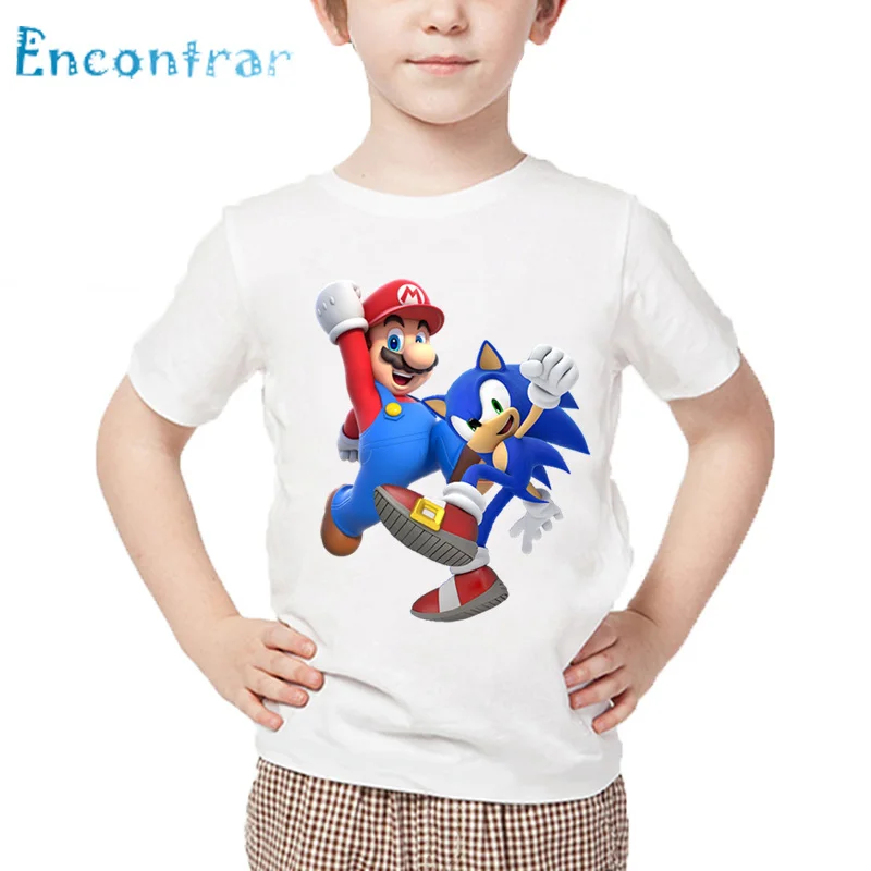 Дети мультфильм Sonic The Hedgehog с Марио футболка детская забавная одежда для