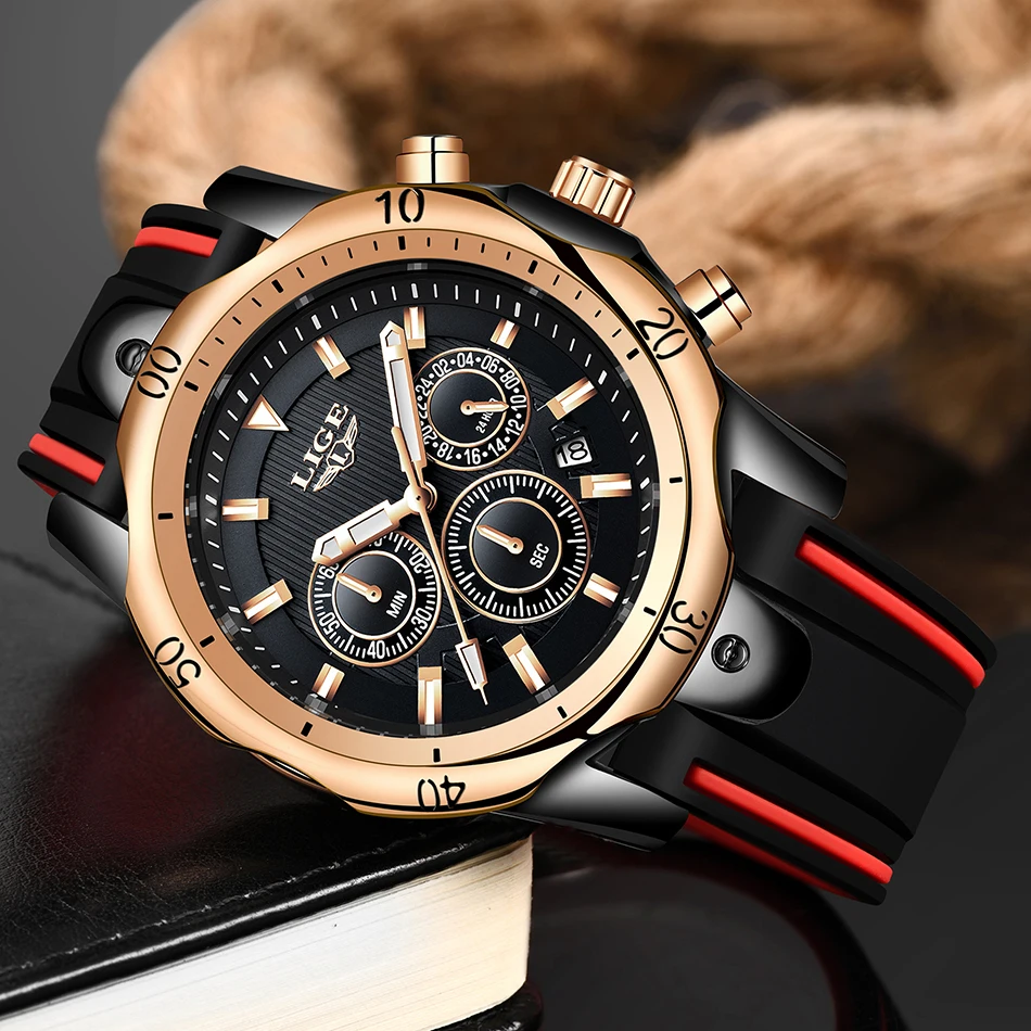 LIGE мужские спортивные часы хронограф силиконовый кварцевый ремешок армейские