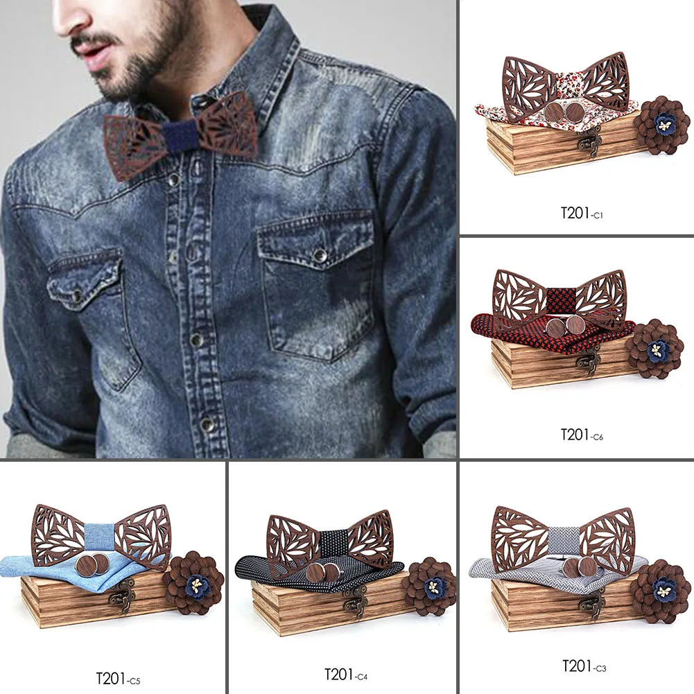 4 шт. мужские клетчатые галстуки-бабочки деревянные выдолбленные резные зажимы