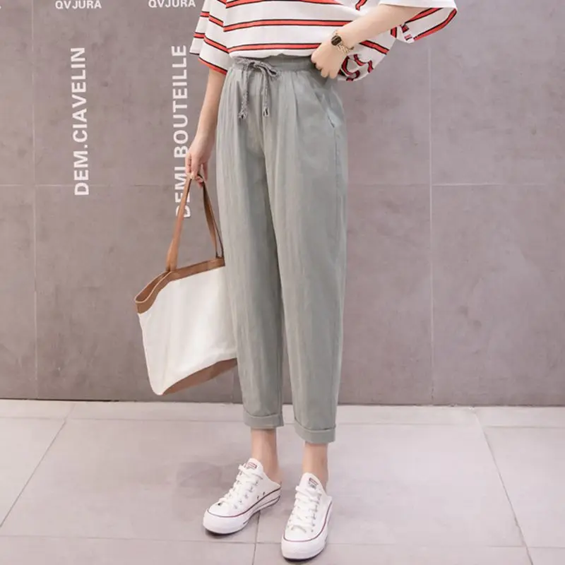 Хлопковые и льняные женские брюки эластичные с высокой талией новый стиль модные