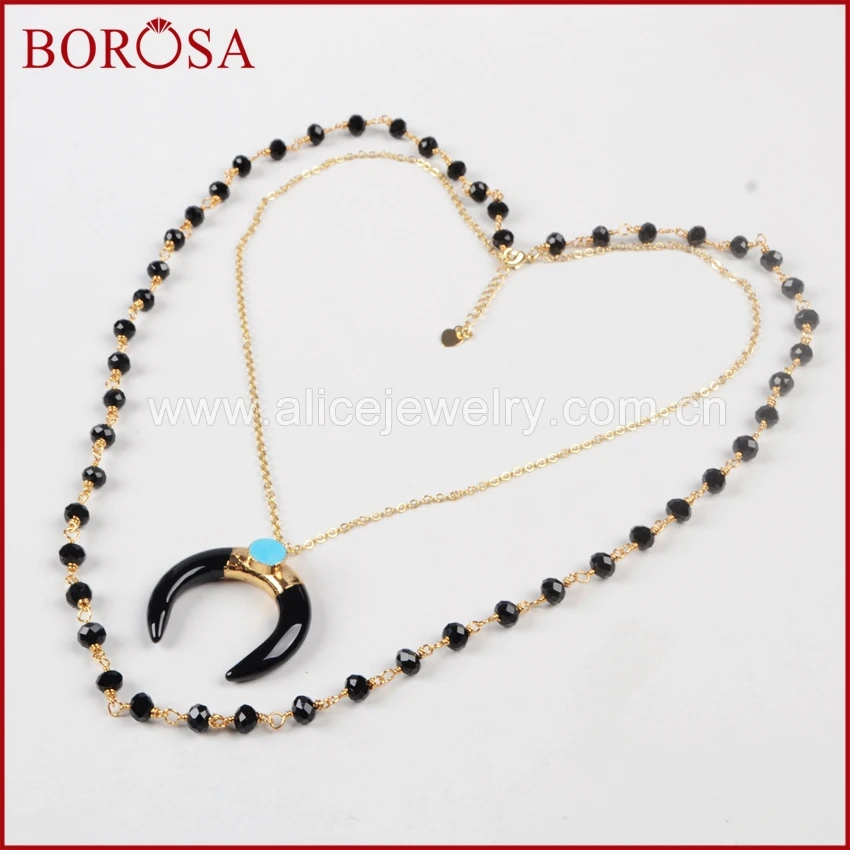 BOROSA Золотой цвет Черный кристаллический друзи Полумесяц Двойной рог Подвеска с природным камнем, выложенным бусинной цепочкой G0955.