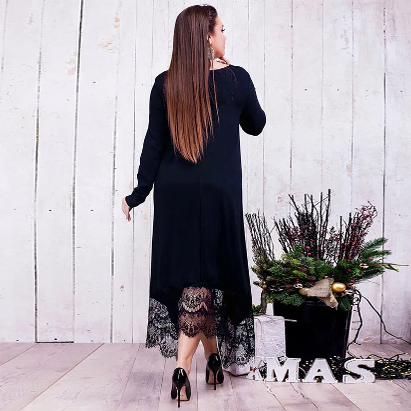 2020 Autumn Lace Patchwork Maxi Dress Plus Size 4XL 5XL 6XL Black Blue Vintage Loose Robe Longue Casual O-neck Vestidos Big | Женская
