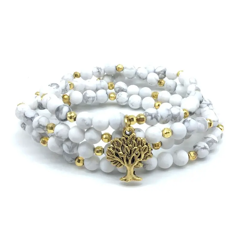 white howlite Бусины Из Натурального Камня Круглая мала-Йога браслет эластичный Эластичный с металлическим деревом талисманы ожерелье женский браслет Прямая поставка - Окраска металла: white howlite
