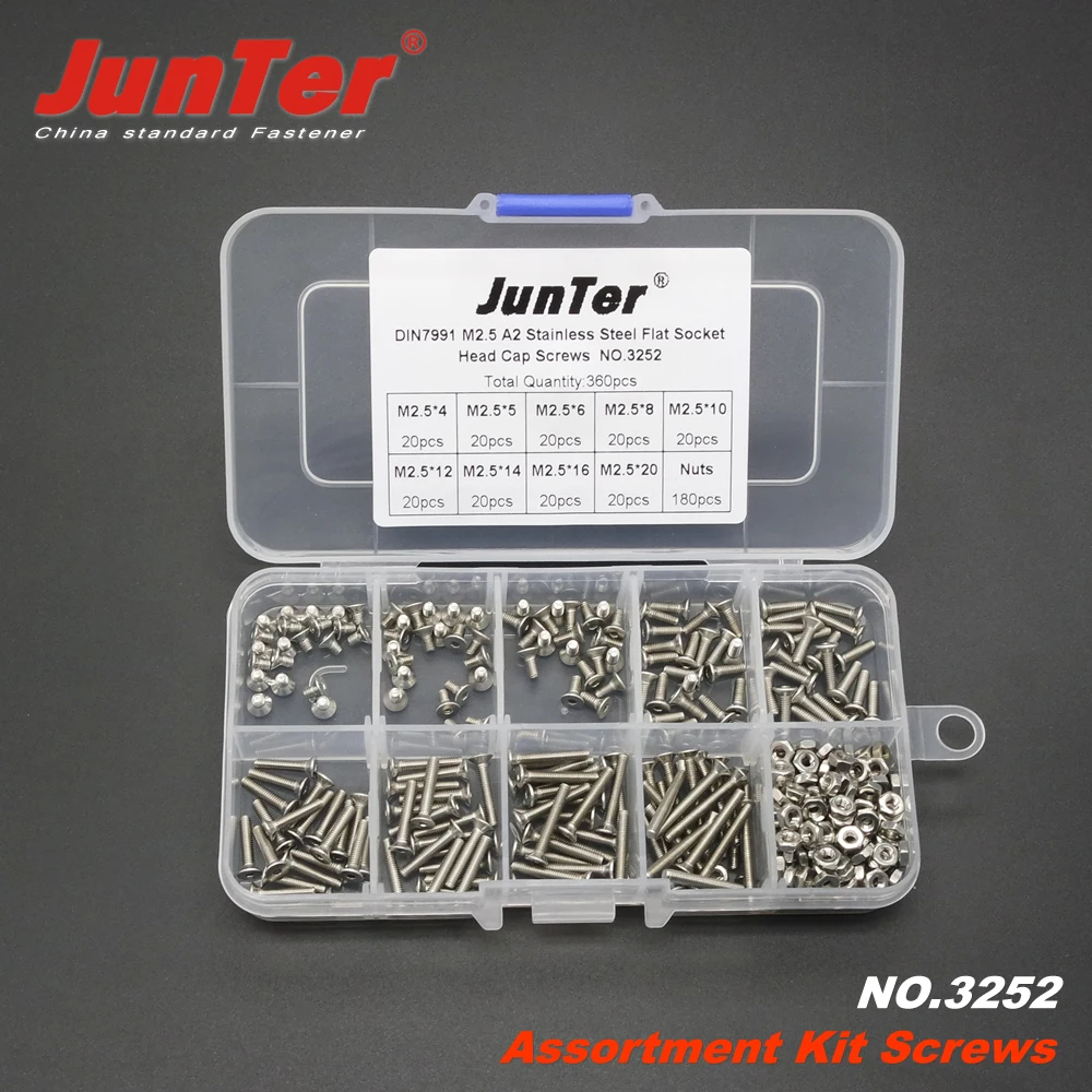 

360pcs M2.5 (2.5mm) A2 Stainless Steel DIN7991 Flat Socket Head Cap Screws With Hex Nuts Assortment Kit NO.3252