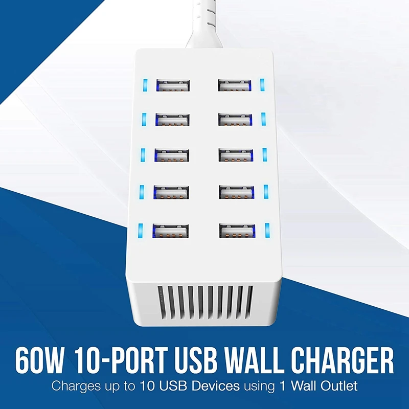 60 Вт (12 ампер) 10 портовое семейное настольное устройство быстрой зарядки USB. Умное