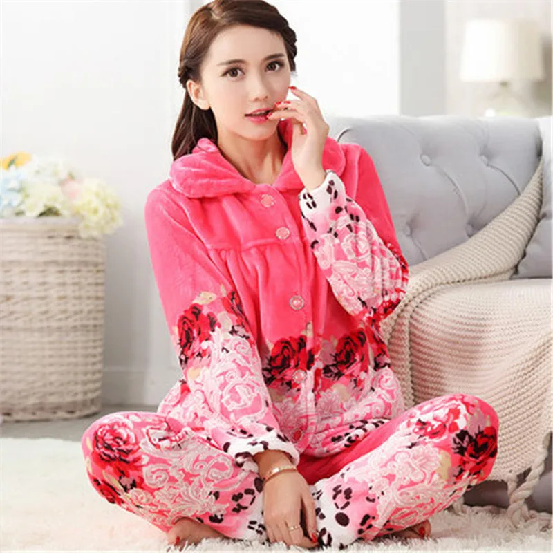 Мягкая Толстая Женская пижама из кораллового флиса зимняя Милая Фланелевая с
