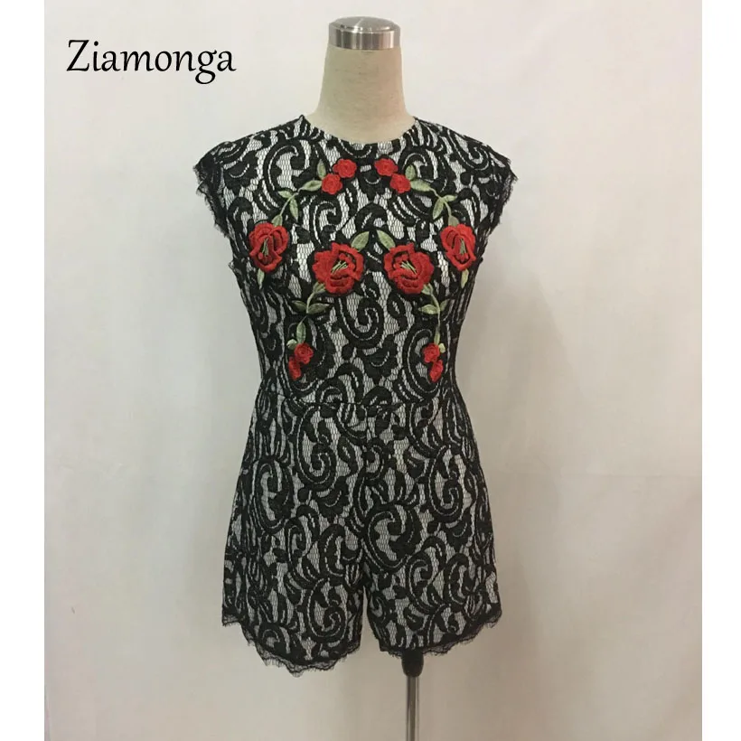 Ziamonga Сексуальное Черное Кружевное боди Женский комбинезон с вышивкой