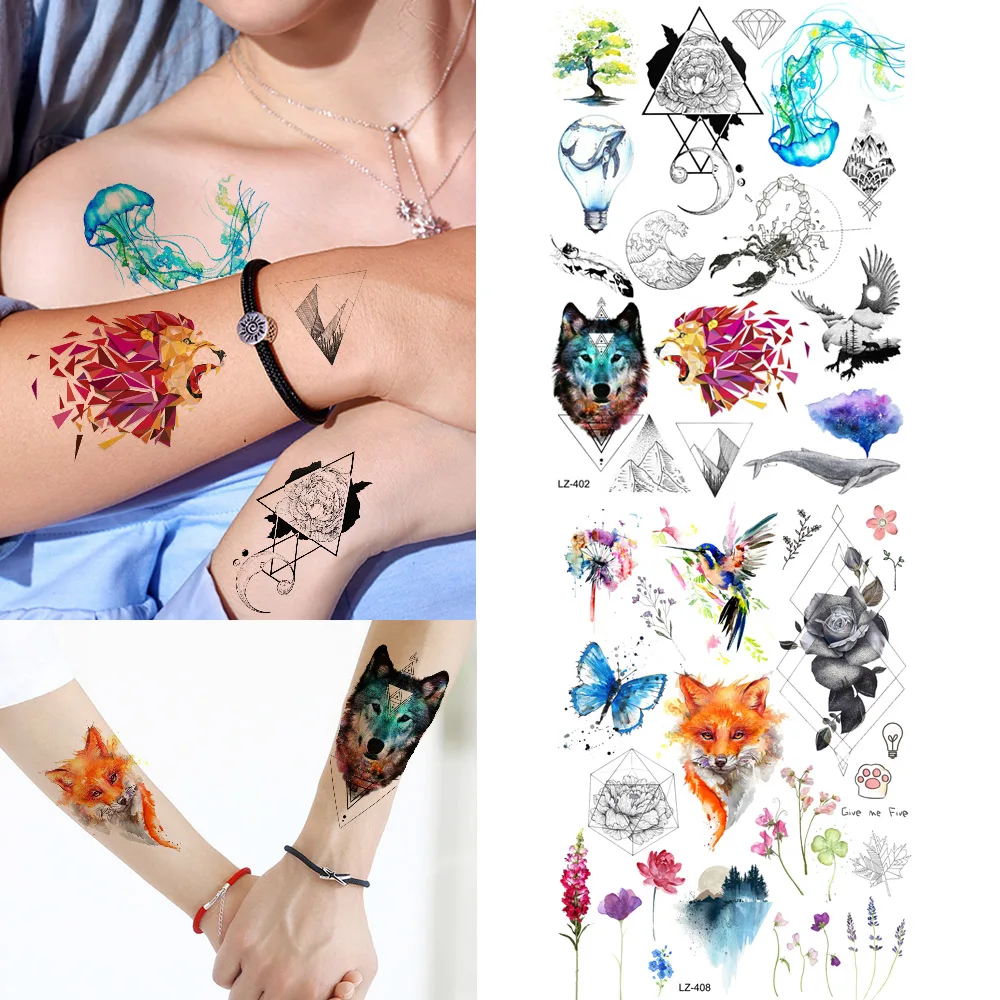 REJASKI временная татуировка Лев волки цветы Водонепроницаемый треугольник горный