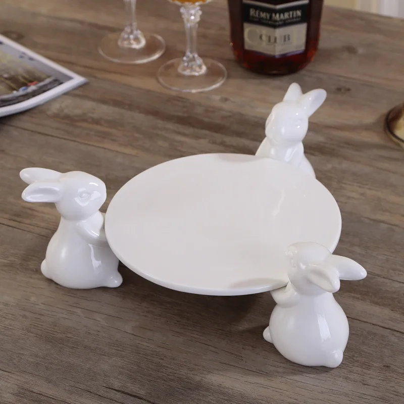 8 inch 3 кролика и тарелка, милые белые фарфоровые тарелки для торта, керамические Креативные украшения для дома, аксессуары для украшения, поднос для выпечки чая - Цвет: 8 inch