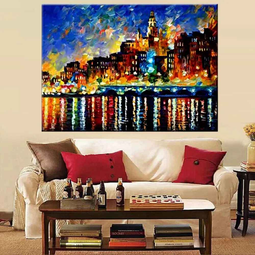 

Hand Painted Abstract Night Cityscpe Canvas Palette Knife Oil Painting City Wall Picture Living Room Bedroom Home Wall Decor Art