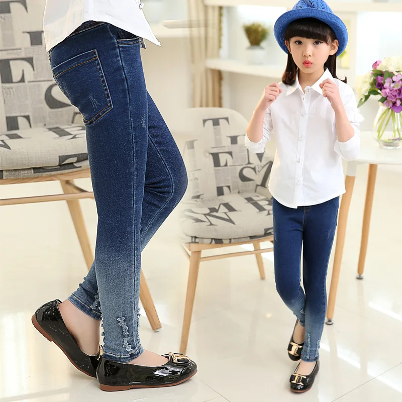 Новинка Джинсы для девочек подростков Хлопковые леггинсы Штаны Модные малышей