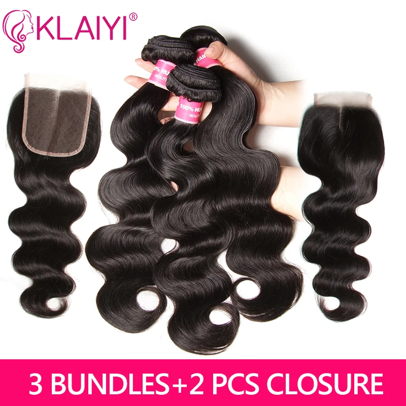 KLAIYI волосы бразильские волнистые с закрытием remy волосы плетение 3 пучка с 2 закрытием человеческие волосы 4*4 наращивание волос